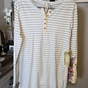 Striped White and Black Blouse with Floral Accents